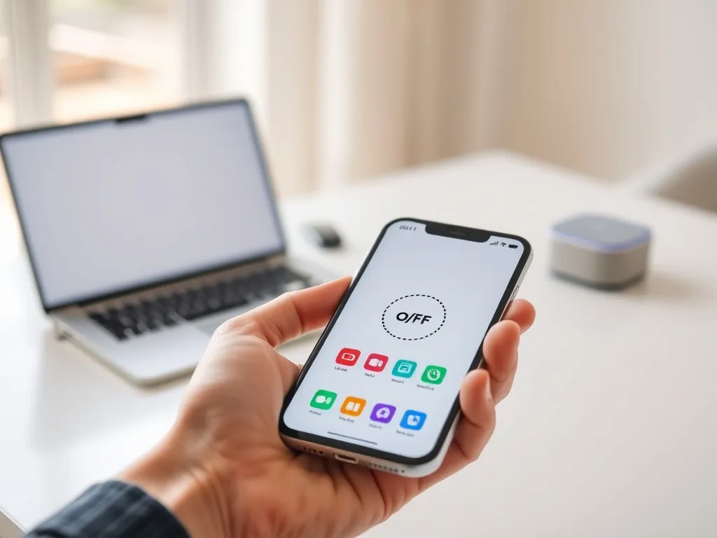 Smartfon z ikonami połączonych aplikacji i przełącznikiem on/off, w tle rozmyte urządzenia domowe sugerujące automatyzację