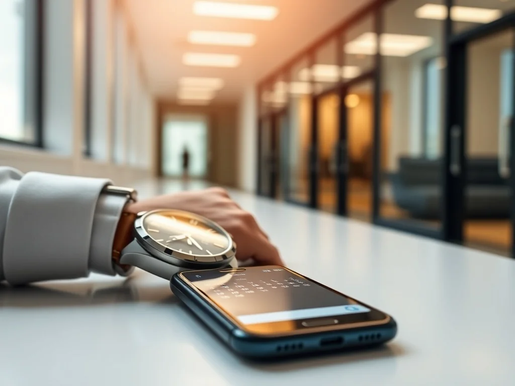 Zegarek na rękę i smartfon z kalendarzem na biurku, w tle nowoczesne biuro, podkreślające wagę punktualności.