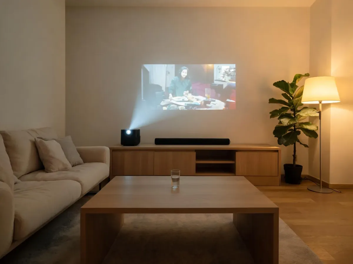 Przytulny salon z projektorem i smukłym soundbarem pod obrazem, pokazujący niedrogie kino domowe w minimalistycznym stylu.