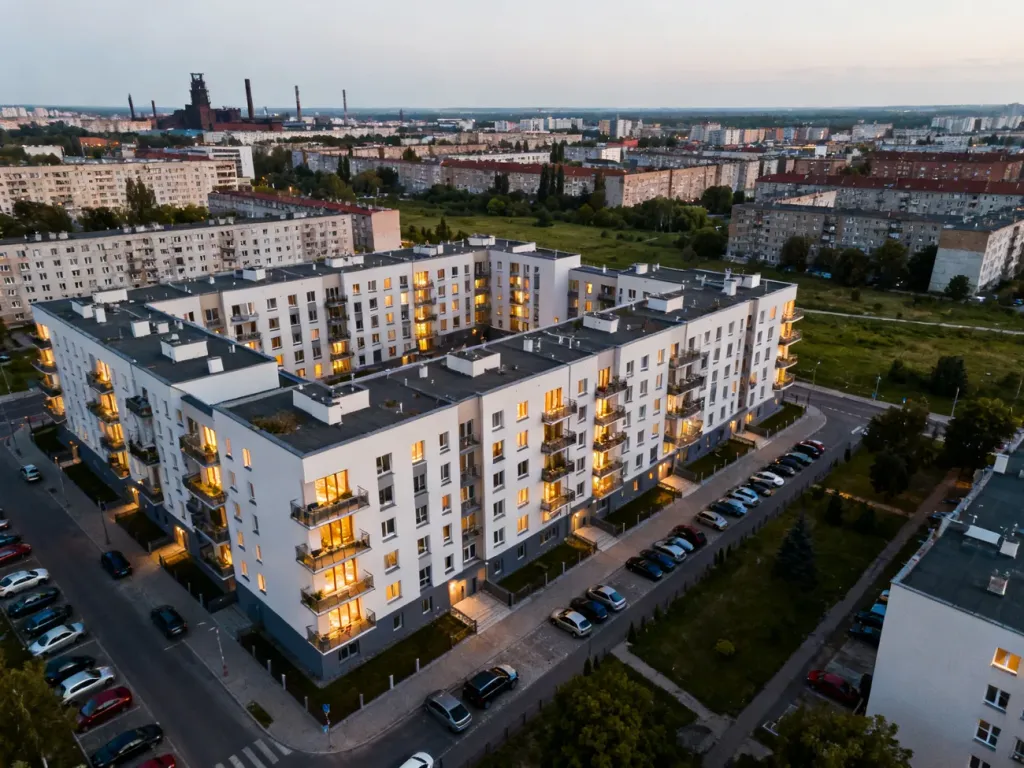 Panorama centrum Katowic z nowymi blokami mieszkalnymi i starszą zabudową w tle, oświetlona ciepłym popołudniowym światłem, no text on the picture