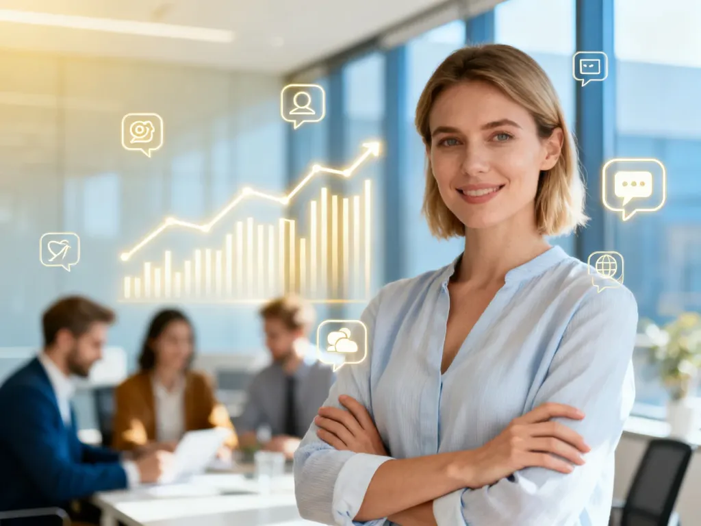 Pewna siebie bizneswoman na tle biura i świetlnych ikon social mediów, symbolizująca siłę personal brandingu w sprzedaży, no text on the picture
