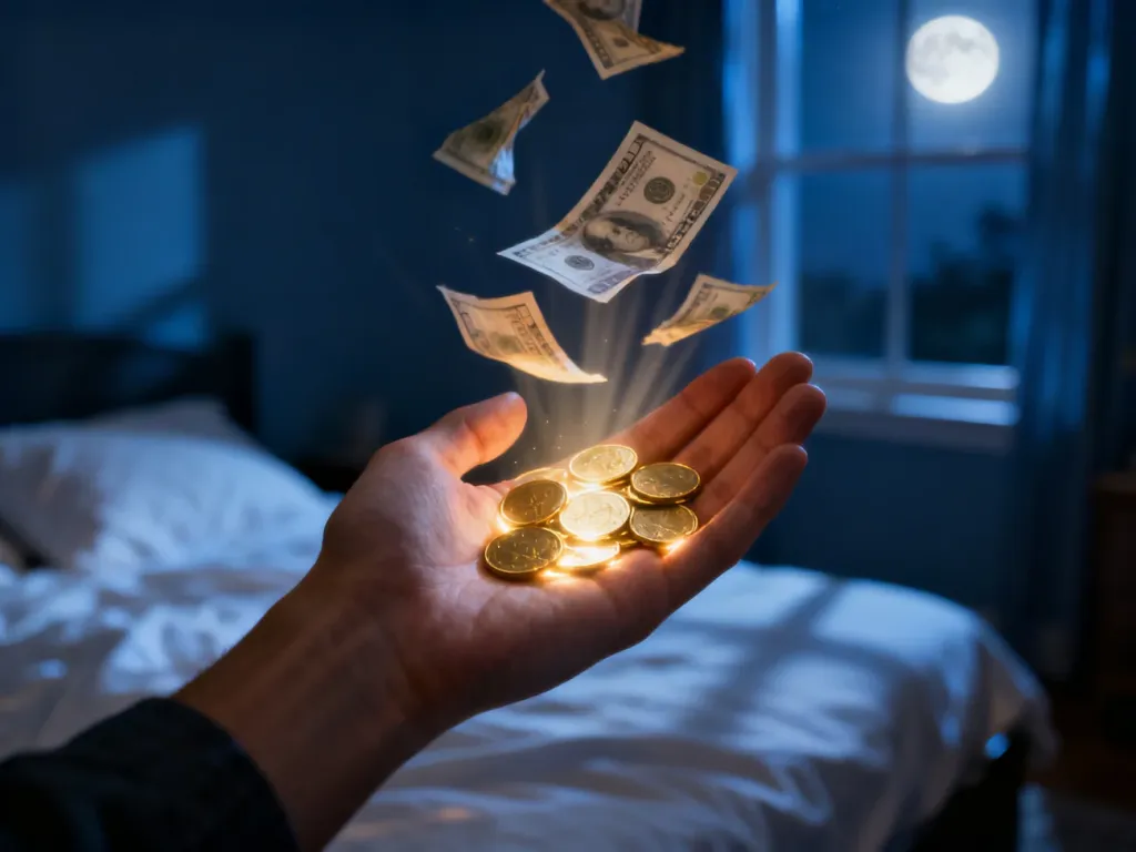 Otwarta dłoń z unoszącymi się, świecącymi pieniędzmi na tle sypialni nocą, w sennej, symbolicznej atmosferze, no text on the picture